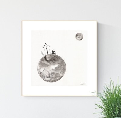 grafika 30 x 30 cm, obraz czarno biały, księżyc