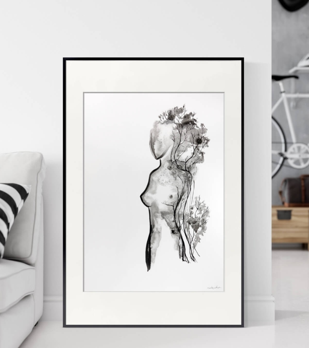 Plakat kobieta, sylwetka kobiety, plakaty roślinne, botaniczne, grafika czarno-biała
