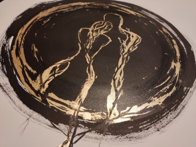 Malarstwo współczesne, nowoczesny obraz abstrakcja ze złotem 50x70 cm