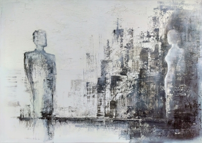 Duża abstrakcja z wyraźną strukturą, obraz miasto w stylu industrial 100 x 140 cm