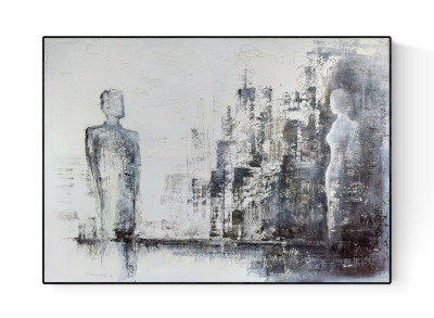 Duża abstrakcja z wyraźną strukturą, obraz miasto w stylu industrial 100 x 140 cm