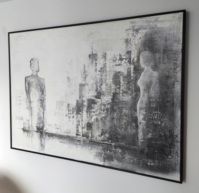 Duża abstrakcja z wyraźną strukturą, obraz miasto w stylu industrial 100 x 140 cm