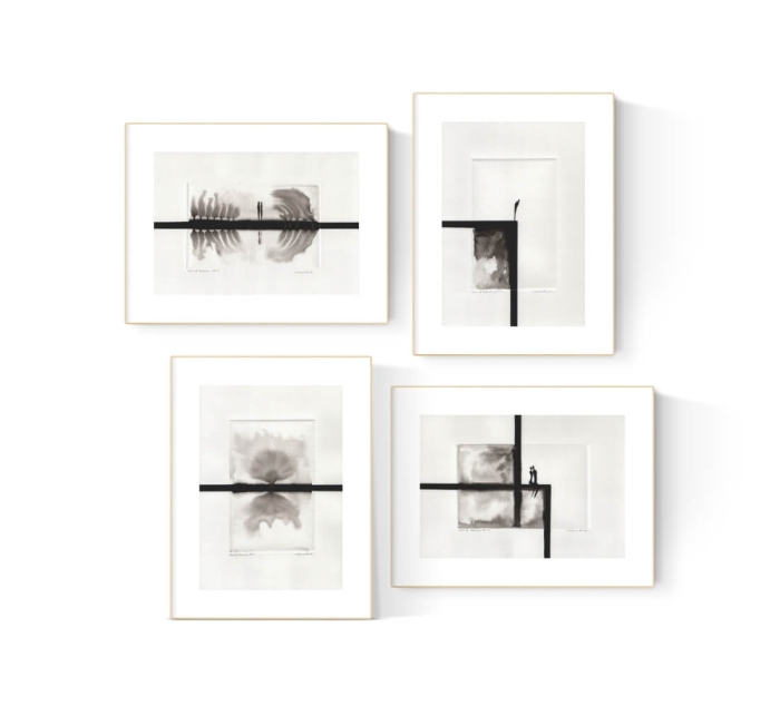zestaw 4 grafik A4, styl skandynawski, abstrakcja  