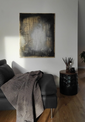 Nowoczesny obraz w stylu loft abstrakcja czarny ze złotem 80x100