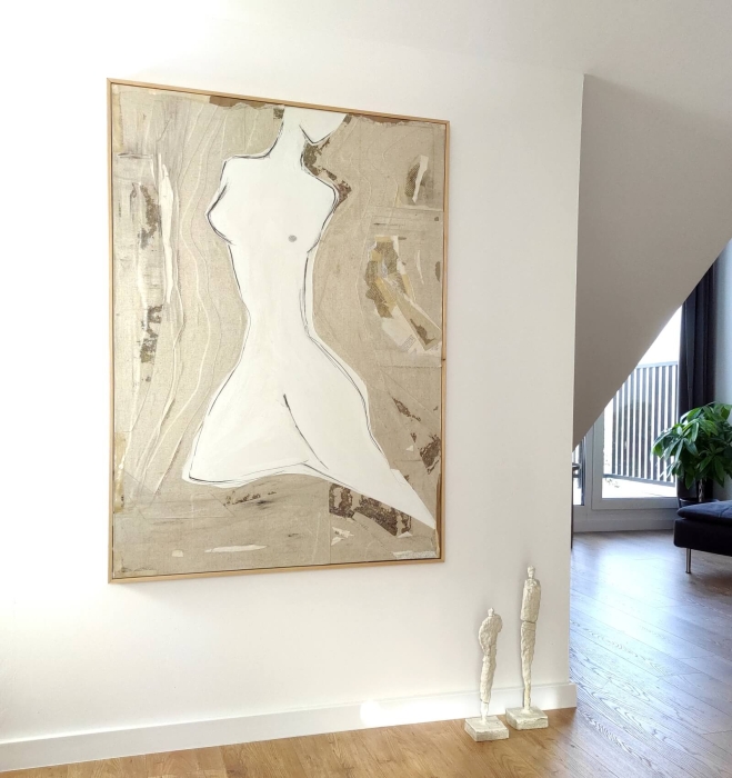 Duża abstrakcja na płótnie z wyjątkową fakturą, obraz w ramie, 92 x 128 cm.