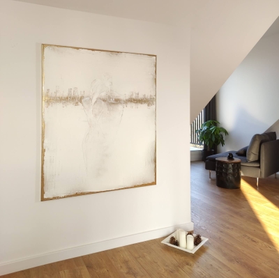 Nowoczesny obraz do salonu elegancka abstrakcja ze złotem 100x120