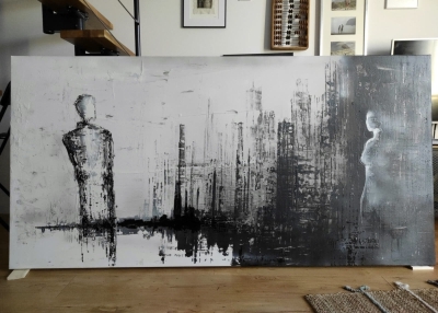 Duża abstrakcja z wyraźną strukturą, obraz miasto w stylu industrial 100 x 200 cm