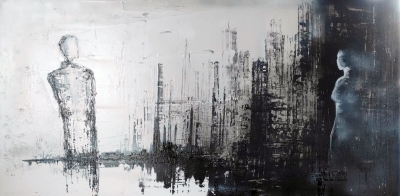 Duża abstrakcja z wyraźną strukturą, obraz miasto w stylu industrial 100 x 200 cm
