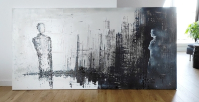 Duża abstrakcja z wyraźną strukturą, obraz miasto w stylu industrial 100 x 200 cm