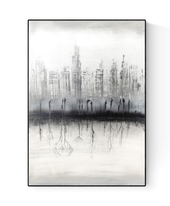 Duża abstrakcja z wyraźną strukturą, obraz miasto w stylu industrial 85x120 do salonu