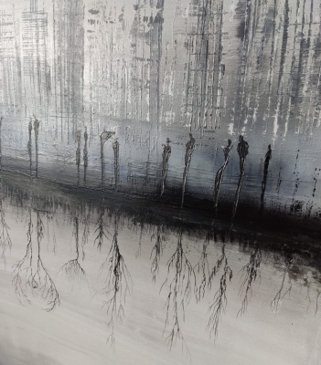 Duża abstrakcja z wyraźną strukturą, obraz miasto w stylu industrial 85 x 120 cm