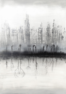 Duża abstrakcja z wyraźną strukturą, obraz miasto w stylu industrial 85 x 120 cm
