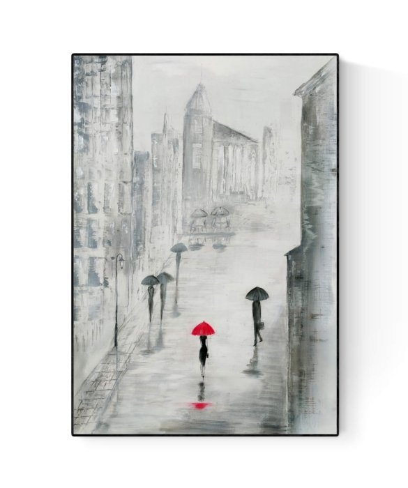 Obraz do salonu kobieta z parasolem malowany na płótnie, abstrakcja miasto w deszczu