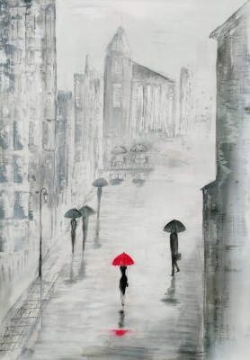 Duża abstrakcja z wyraźną strukturą, obraz miasto 70 x 100 cm