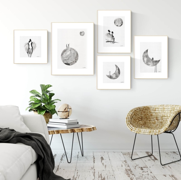 zestaw grafik do salonu w formie galerii ściennej, oryginalne grafiki ręcznie wykonanane