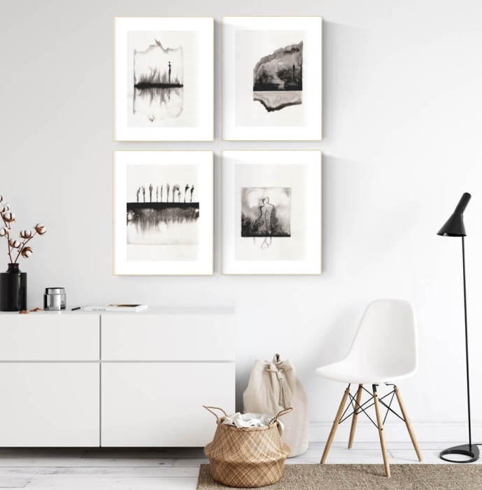 zestaw 4 grafik, galeria ścienna do salonu, minimalizm i elegancja