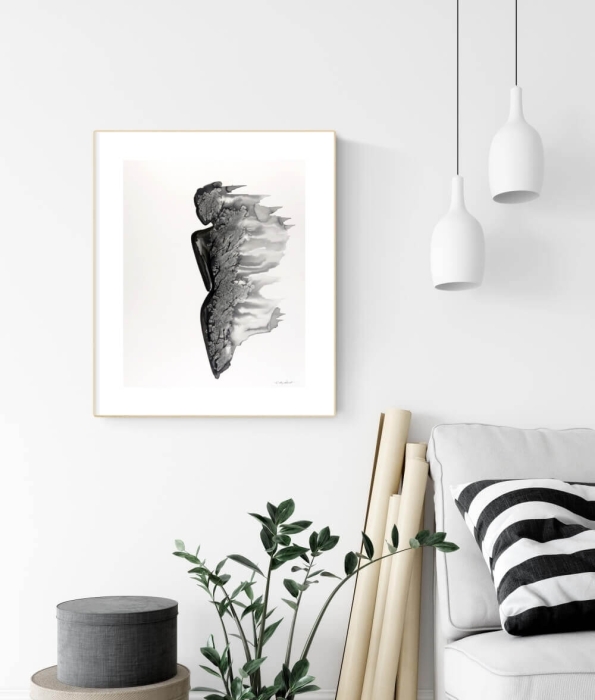 abstrakcja kobieta kwiaty, szary plakat do salonu, galerii ściennej