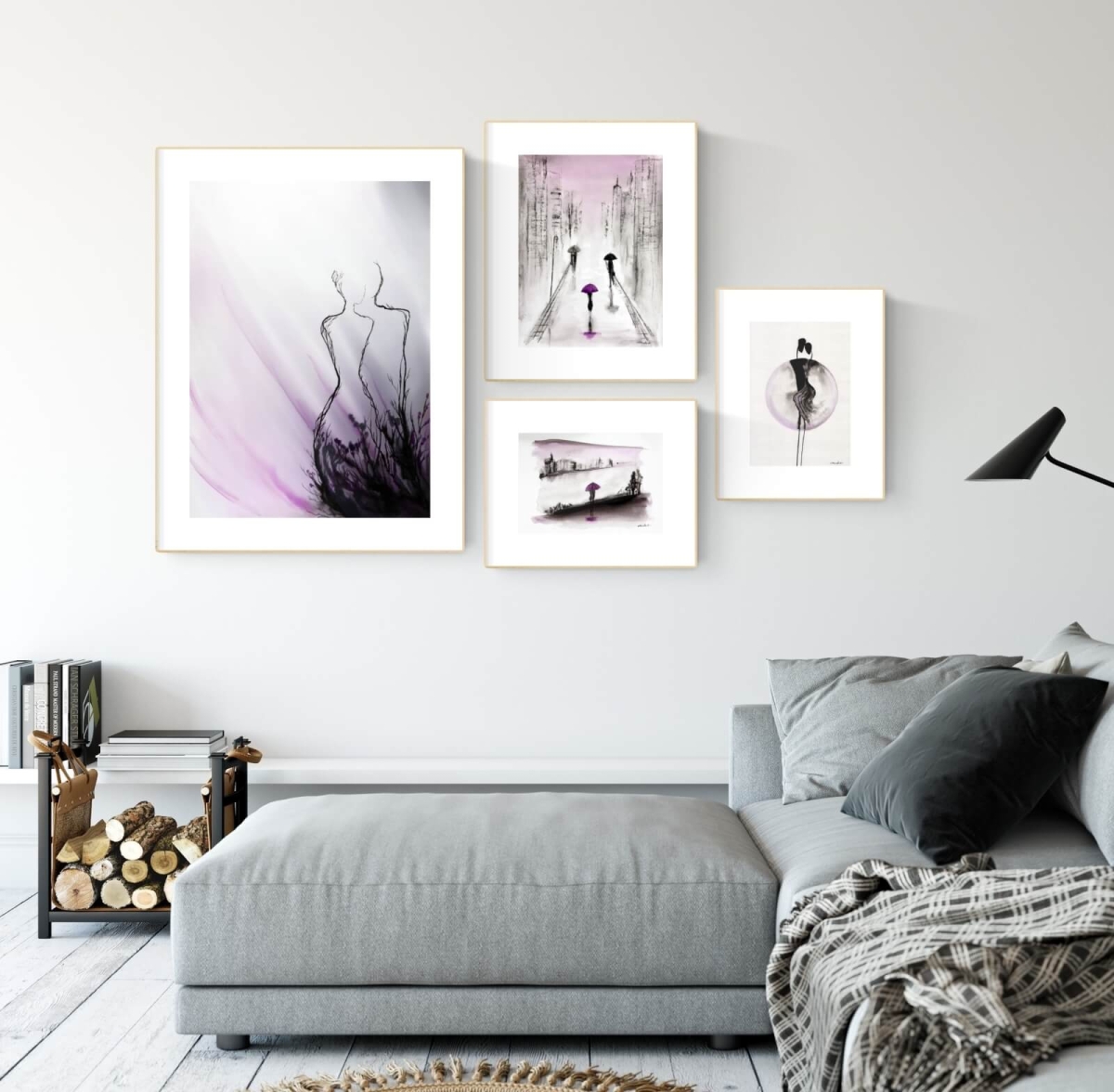 zestaw grafik do salonu w formie galerii ściennej, oryginalne grafiki ręcznie wykonanane