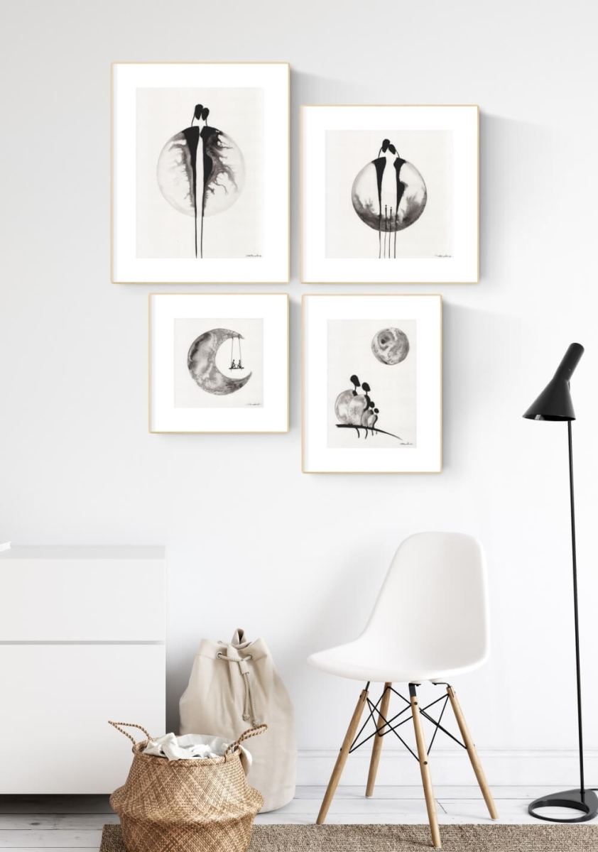 zestaw 4 grafik, galeria ścienna do salonu, minimalizm i elegancja