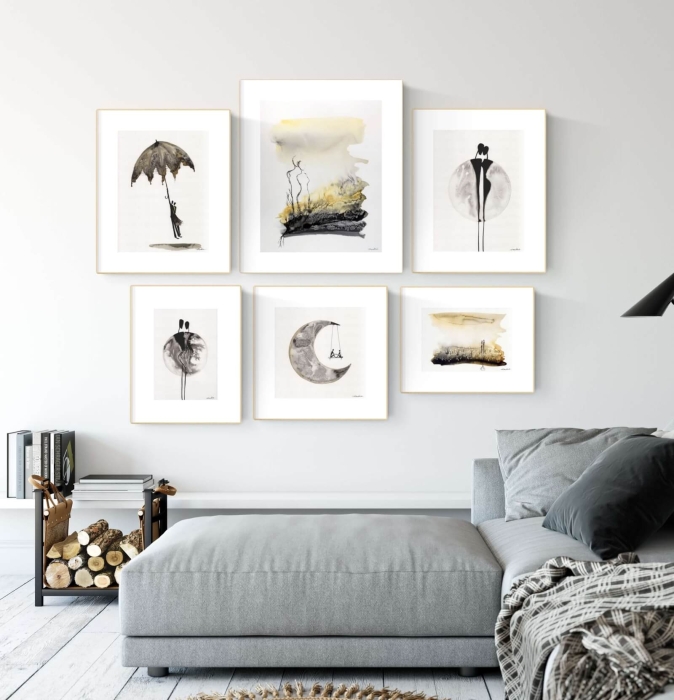 Wyjątkowy zestaw plakatów do salonu 100% malowanych ręcznie, galeria ścienna sepia, żółty i brąz