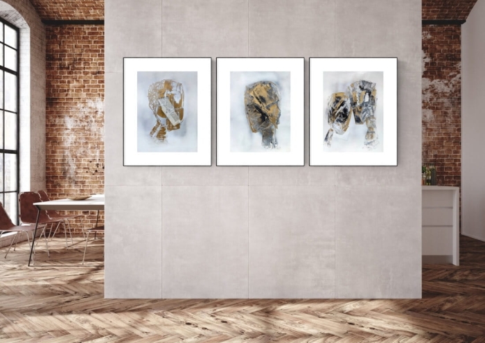 Wyjątkowy zestaw 3 obrazów, nowoczesna i ekspresyjna abstrakcja ze złotem,