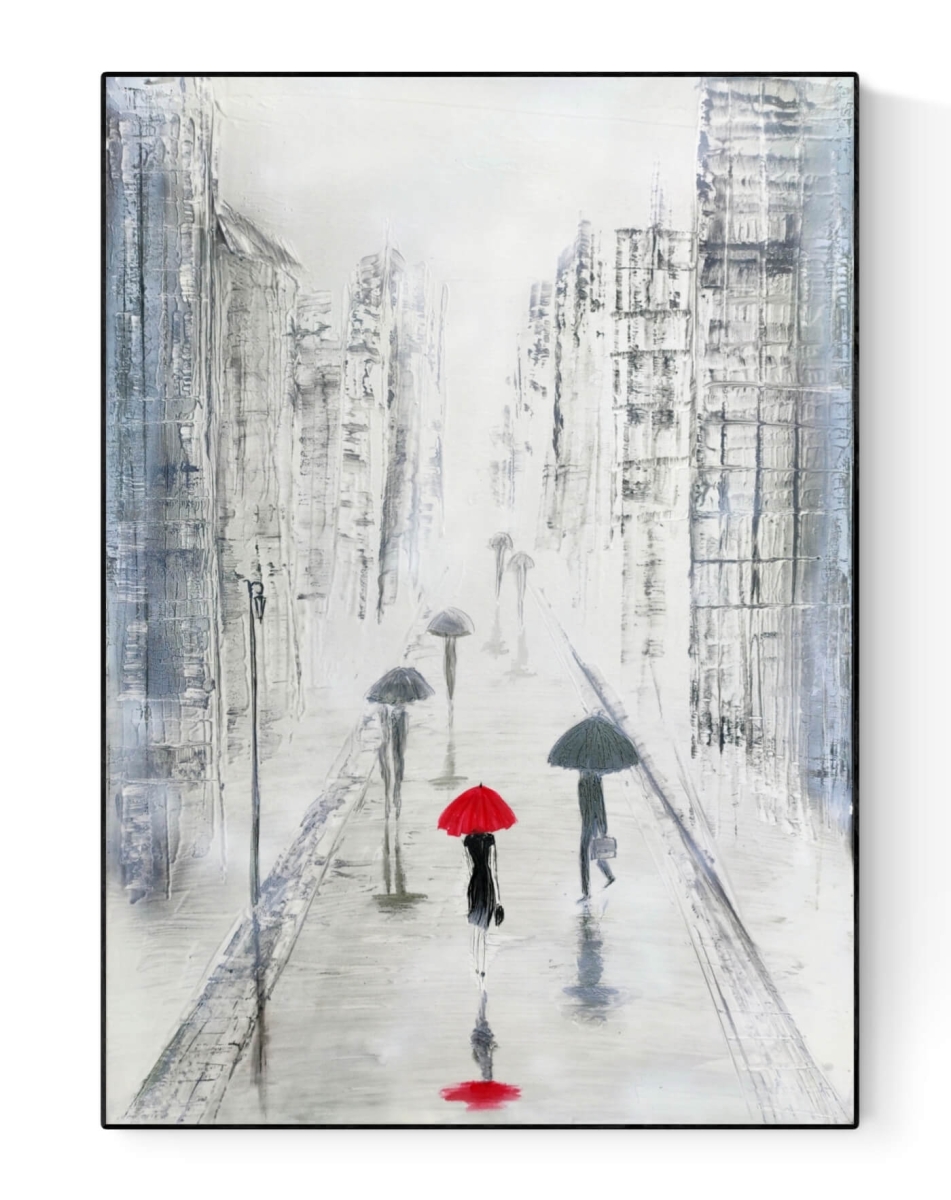 Obraz do salonu kobieta z parasolem malowany na płótnie, abstrakcja miasto w deszczu