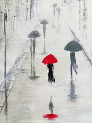 Obraz do salonu kobieta z parasolem malowany na płótnie, abstrakcja miasto w deszczu