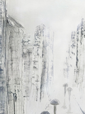 Obraz do salonu kobieta z parasolem malowany na płótnie, abstrakcja miasto w deszczu