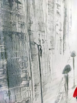 Obraz do salonu kobieta z parasolem malowany na płótnie, abstrakcja miasto w deszczu