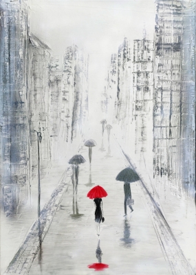 Obraz do salonu kobieta z parasolem malowany na płótnie, abstrakcja miasto w deszczu