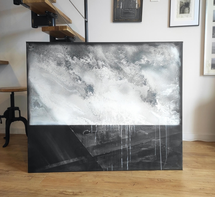 Nowoczesna abstrakcja 120x100, duży obraz na płótnie czarno-biały