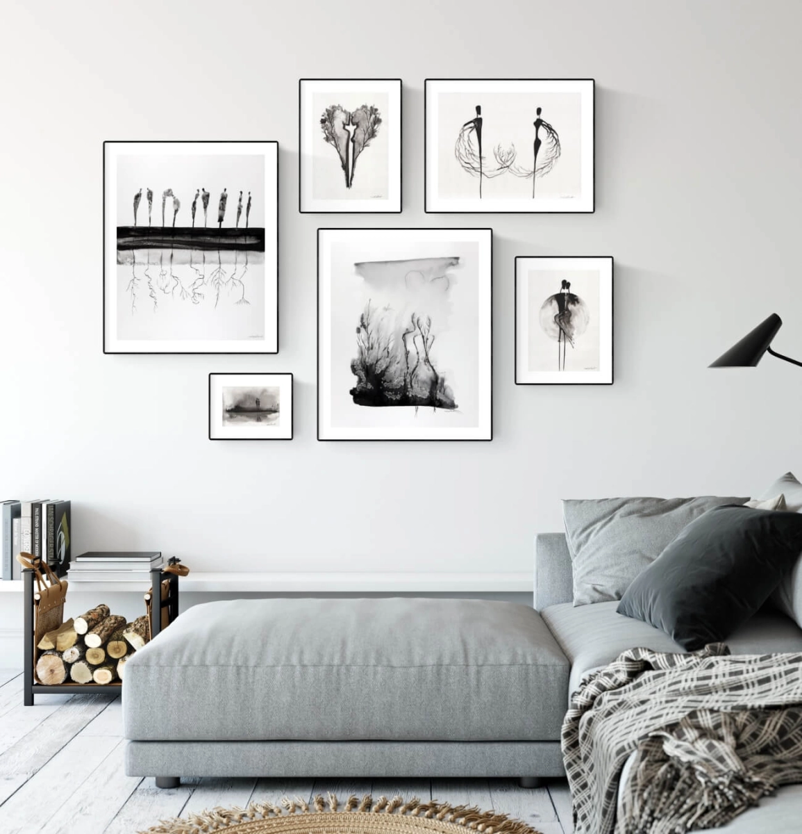 zestaw grafik malowanych ręcznie, galeria ścienna
