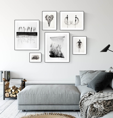 zestaw grafik malowanych ręcznie, galeria ścienna