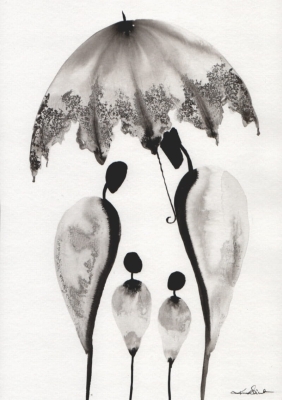 obraz 21x30 cm malowany na papierze tuszem