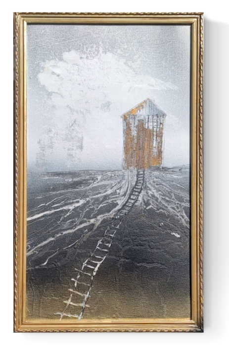 Obraz w złotej ramie abstrakcja Dom na wzgórzu