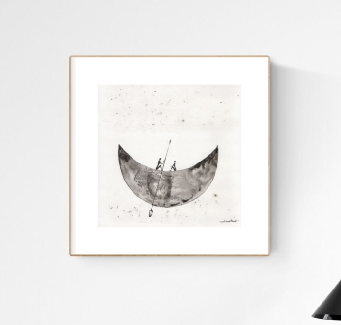 Autorska grafika księżyc, łódź, nowoczesna grafika czarno-biała na ścinę