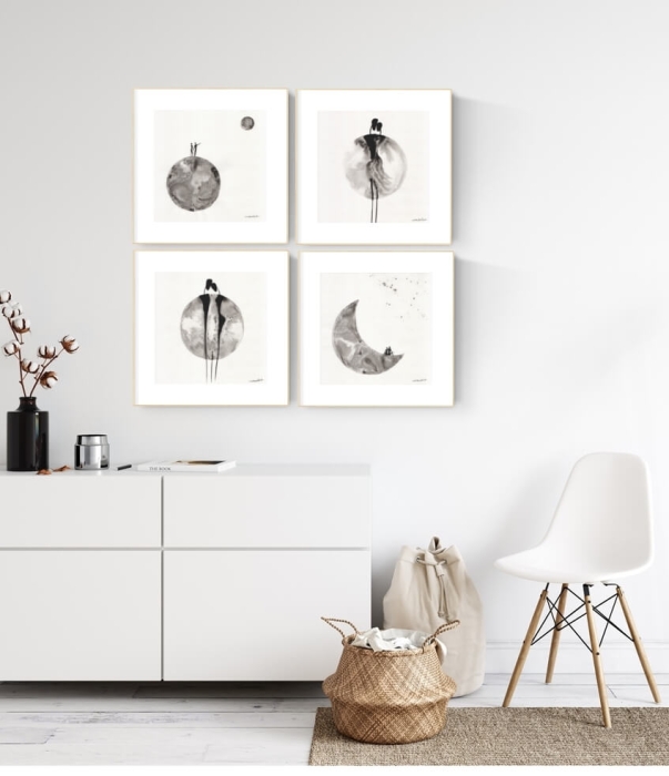 zestaw 4 grafik artystycznych 30x30 czarno-białe, elegancki minimalizm postacie