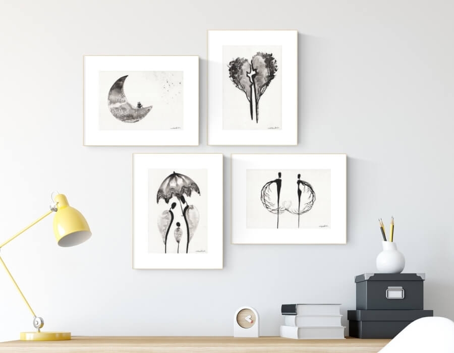 zestaw 4 grafik artystycznych 21x30 czarno-białe, elegancki minimalizm postacie