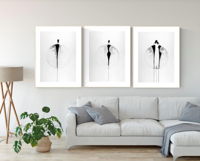 Zestaw 3 obrazów malowanych ręcznie 50x70 tryptyk czarno-biały