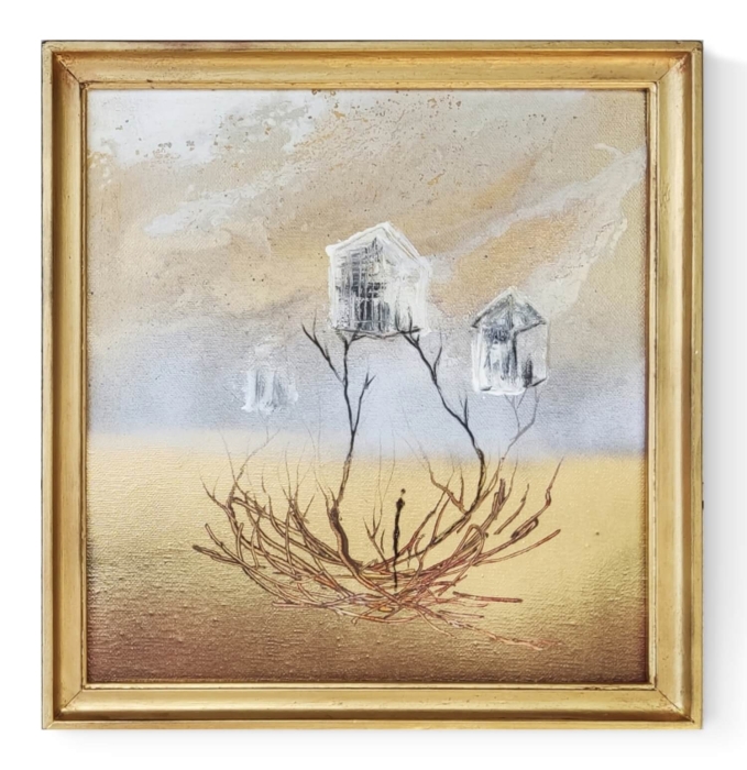 Obraz w złotej ramie abstrakcja ze złotem 27 x 25 cm 