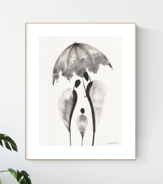 Elegancka grafika 30x40 czarno-biała z parasolem, rodzina