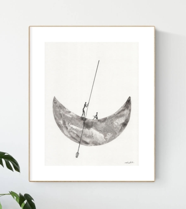 Elegancka grafika 30x40 czarno-biała księżyc - łódź