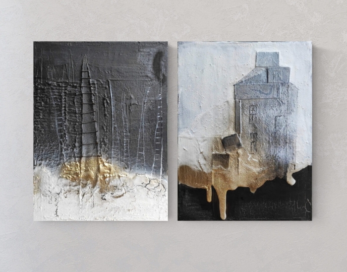 Zestaw 2 nowoczesnych obrazów do salonu abstrakcja ze złotem 30x40 