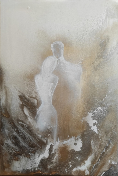 Obraz złoto, biel, ciepłe odcienie delikatny akt do salonu, sypialni