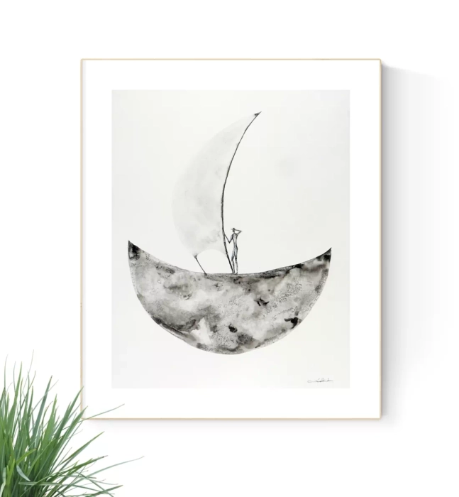 Obraz 40x50 grafika księżyc, łódź