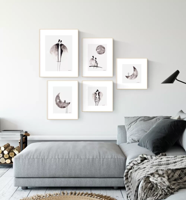 zestaw 5 grafik, galeria ścienna do salonu, minimalizm i elegancja