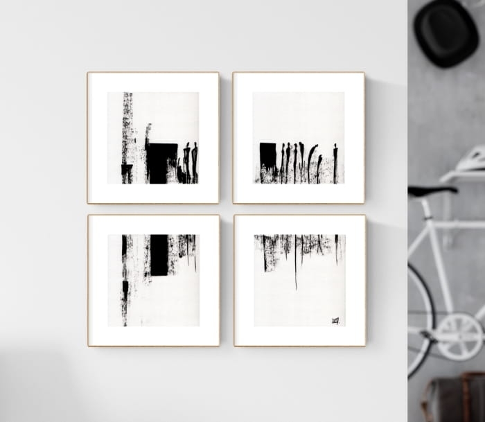 nowoczesne obrazy, elegancki zestaw 4 grafik 20x20, malowane ręcznie, abstrakcja minimalizm, efektowne i wyraziste