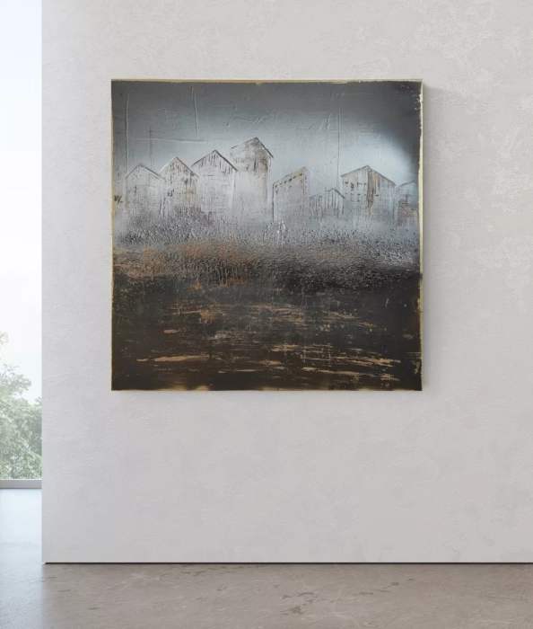 nowoczesny obraz do salonu 100x100, abstrakcja ze złotem, miedzią