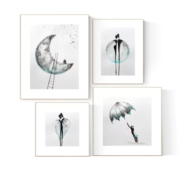 zestaw 4 grafik, galeria ścienna do salonu, minimalizm i elegancja