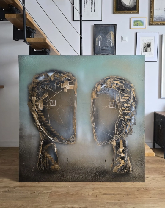 Obraz olejny surrealistyczny, cykl Sploty 120x120  